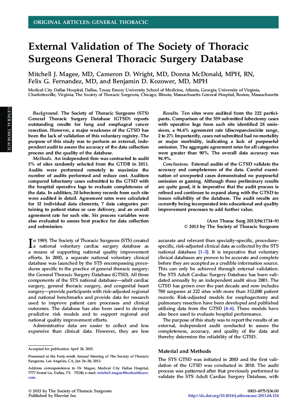 External Validation of The Society of Thoracic Surgeons General Thoracic Surgery Database