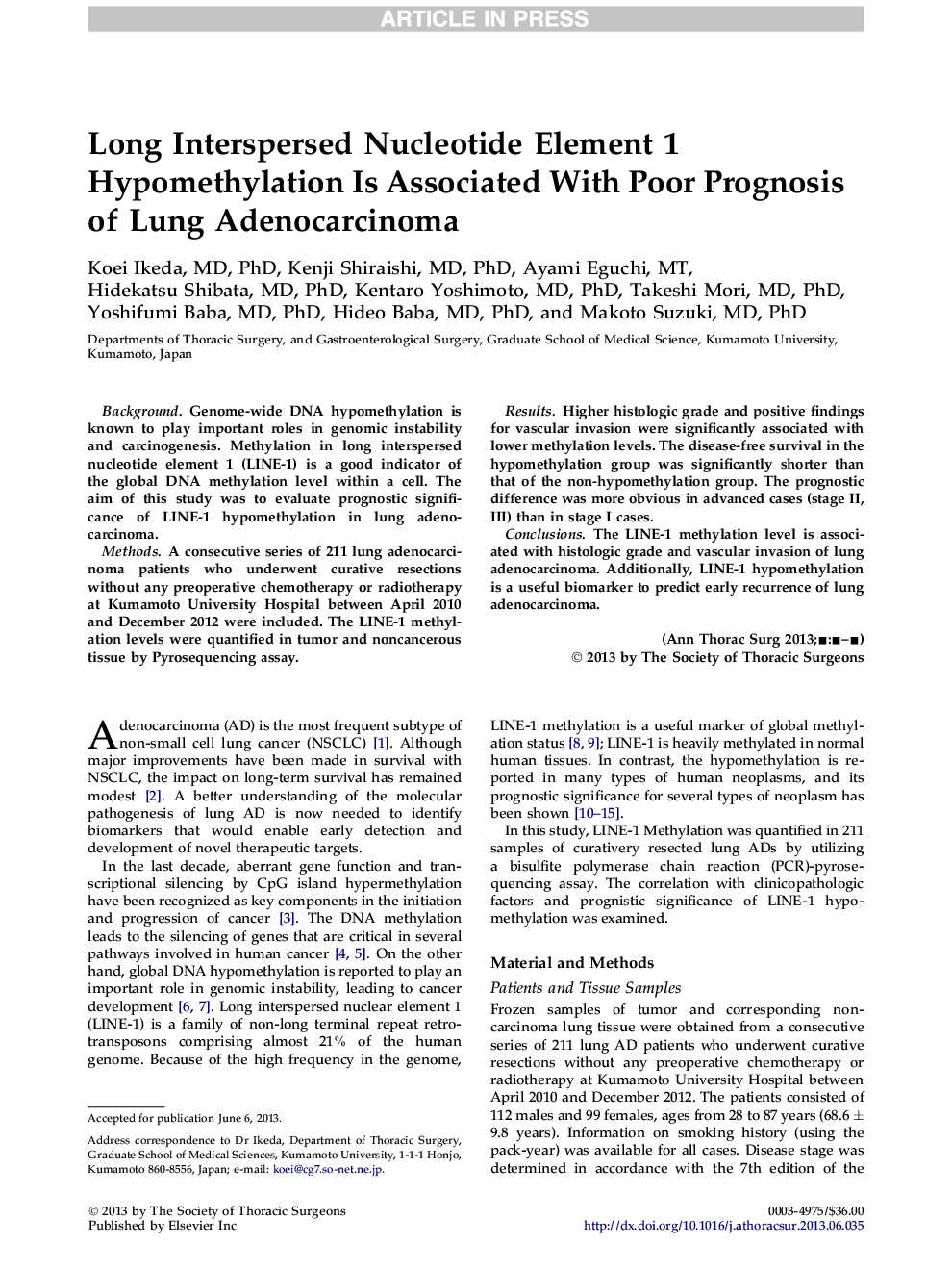 Long Interspersed Nucleotide Element 1 Hypomethylation Is Associated With Poor PrognosisÂ of Lung Adenocarcinoma