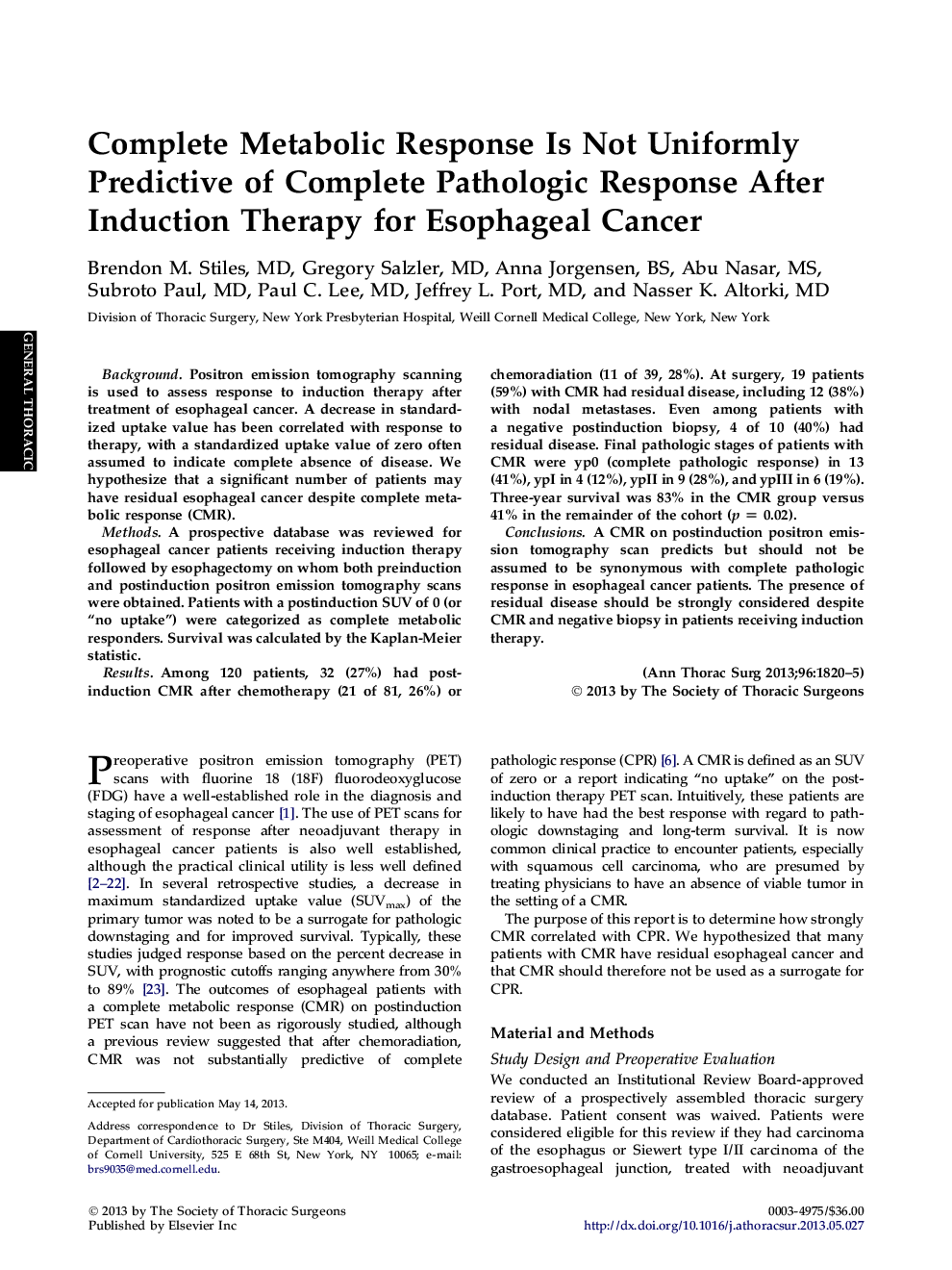 Complete Metabolic Response Is Not Uniformly Predictive of Complete Pathologic Response After Induction Therapy for Esophageal Cancer