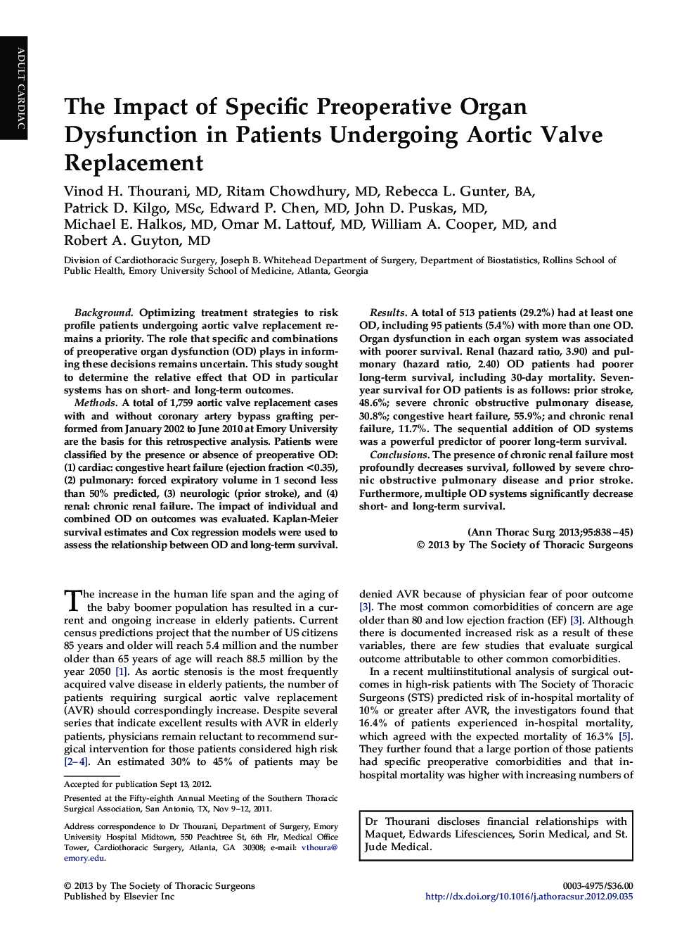 The Impact of Specific Preoperative Organ Dysfunction in Patients Undergoing Aortic Valve Replacement