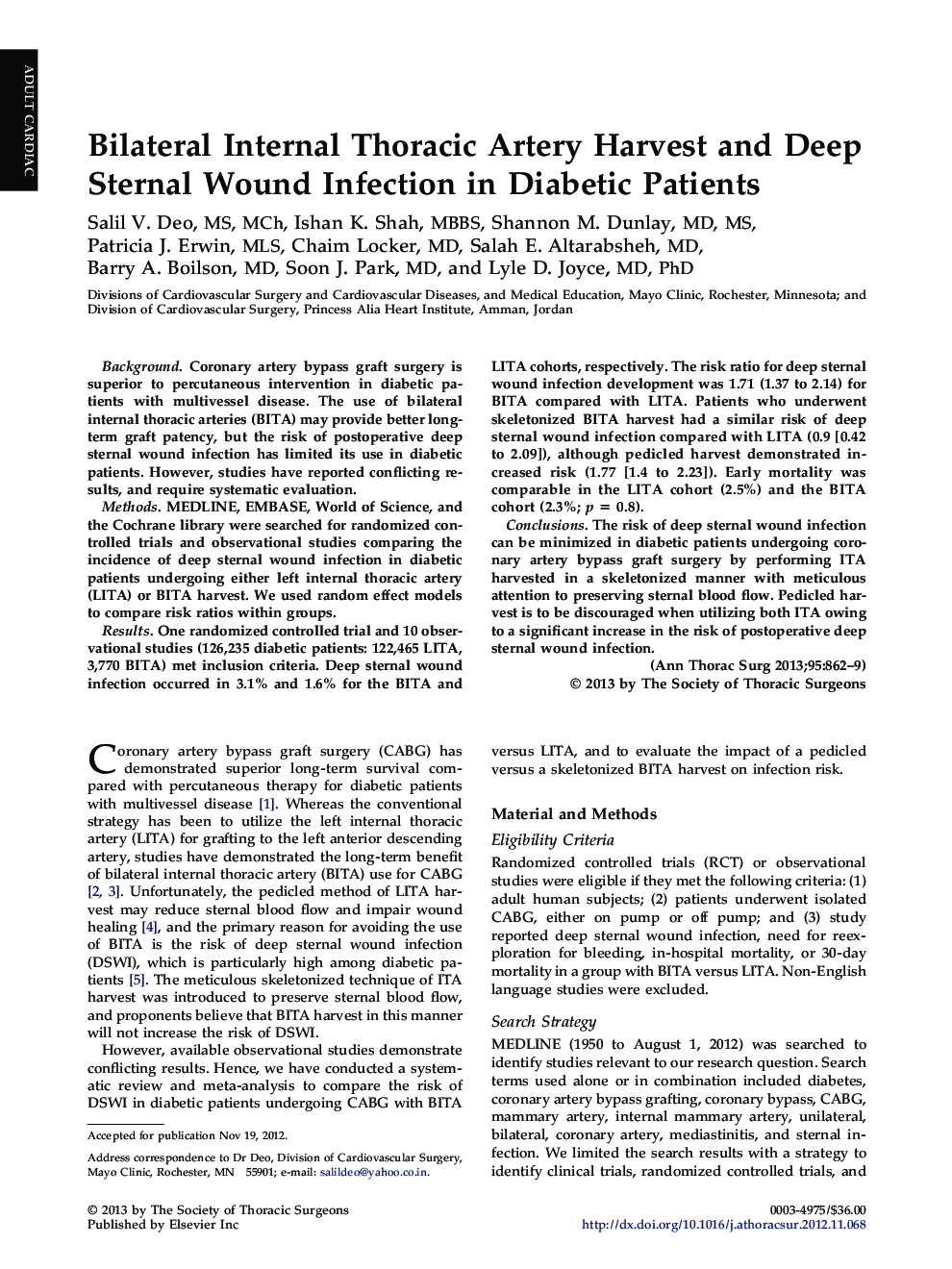 Bilateral Internal Thoracic Artery Harvest and Deep Sternal Wound Infection in Diabetic Patients