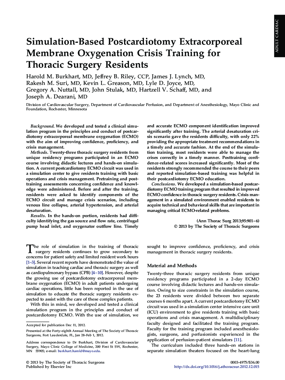 Simulation-Based Postcardiotomy Extracorporeal Membrane Oxygenation Crisis Training for Thoracic Surgery Residents