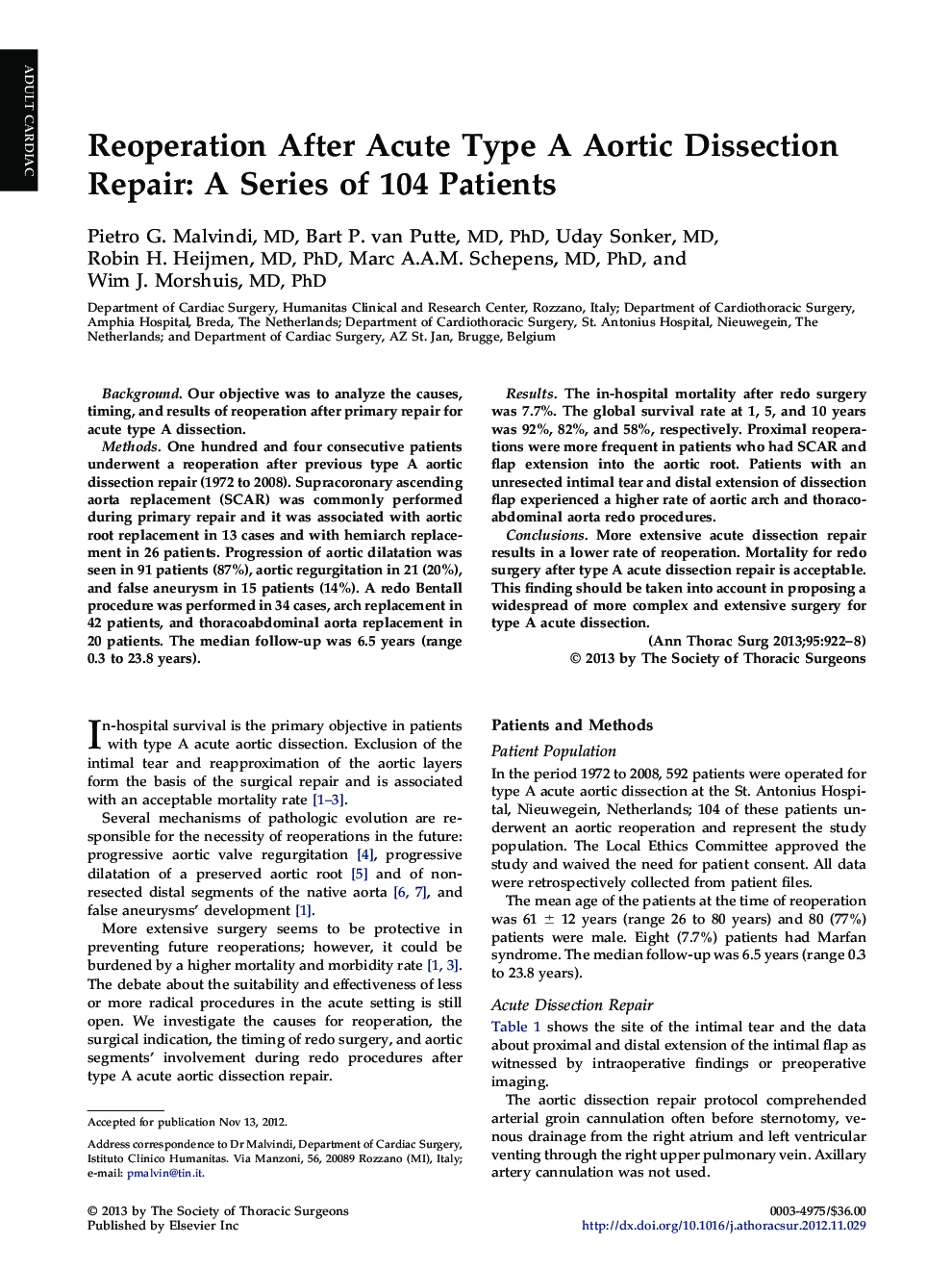 Reoperation After Acute Type A Aortic Dissection Repair: A Series of 104 Patients