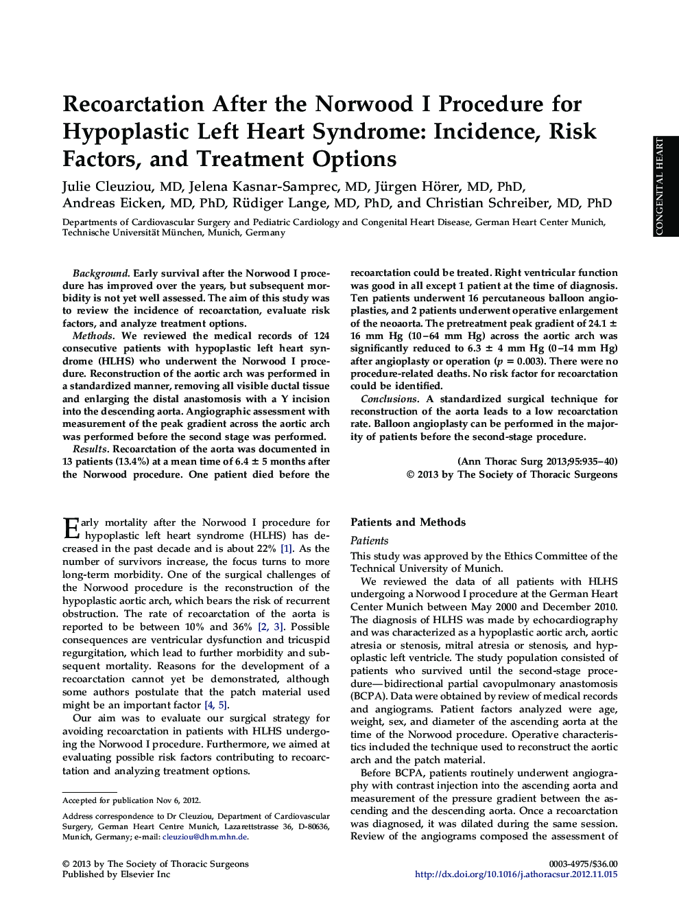 Recoarctation After the Norwood I Procedure for Hypoplastic Left Heart Syndrome: Incidence, Risk Factors, and Treatment Options