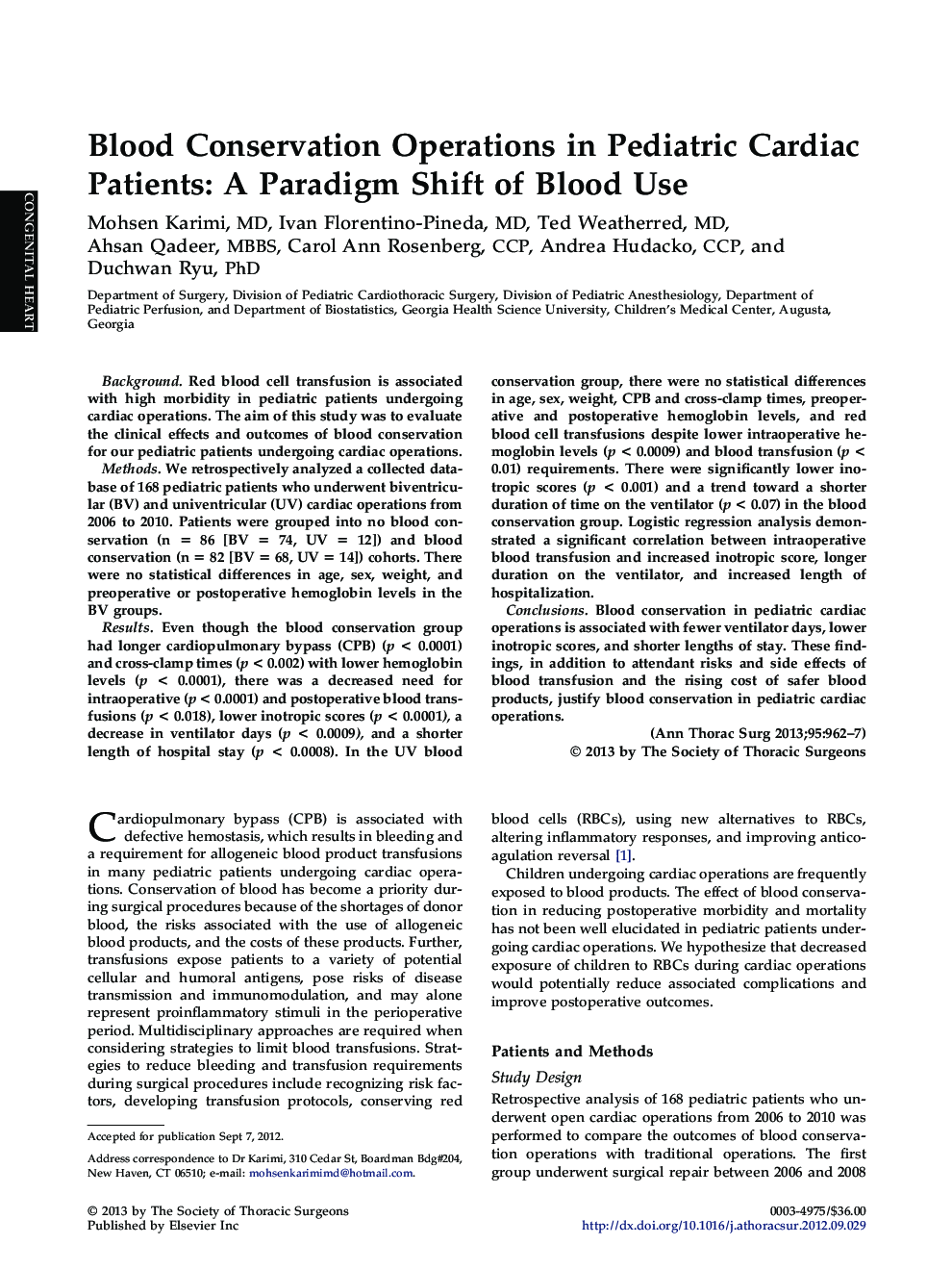 Blood Conservation Operations in Pediatric Cardiac Patients: A Paradigm Shift of Blood Use