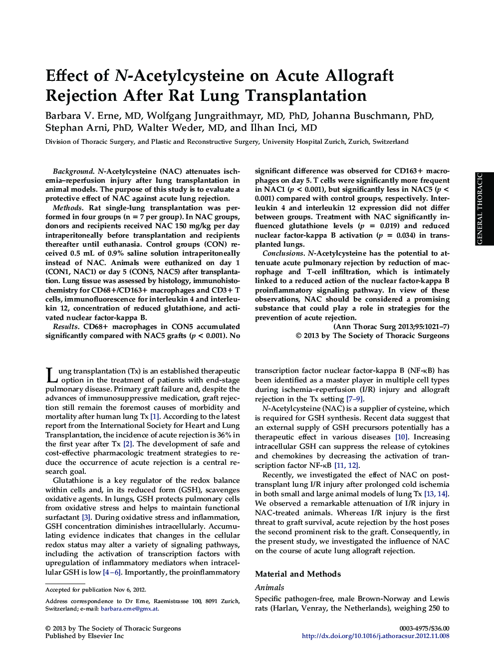 Effect of N-Acetylcysteine on Acute Allograft Rejection After Rat Lung Transplantation