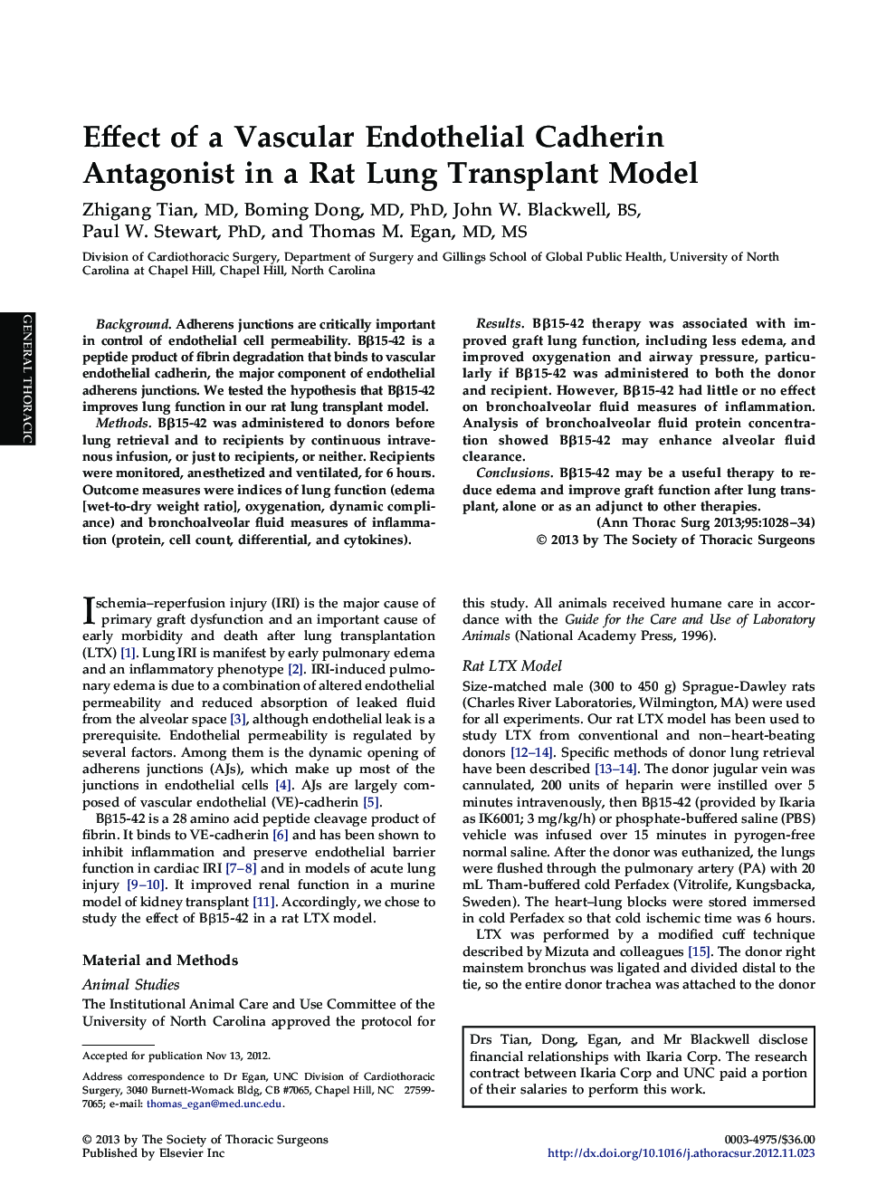 Effect of a Vascular Endothelial Cadherin Antagonist in a Rat Lung Transplant Model