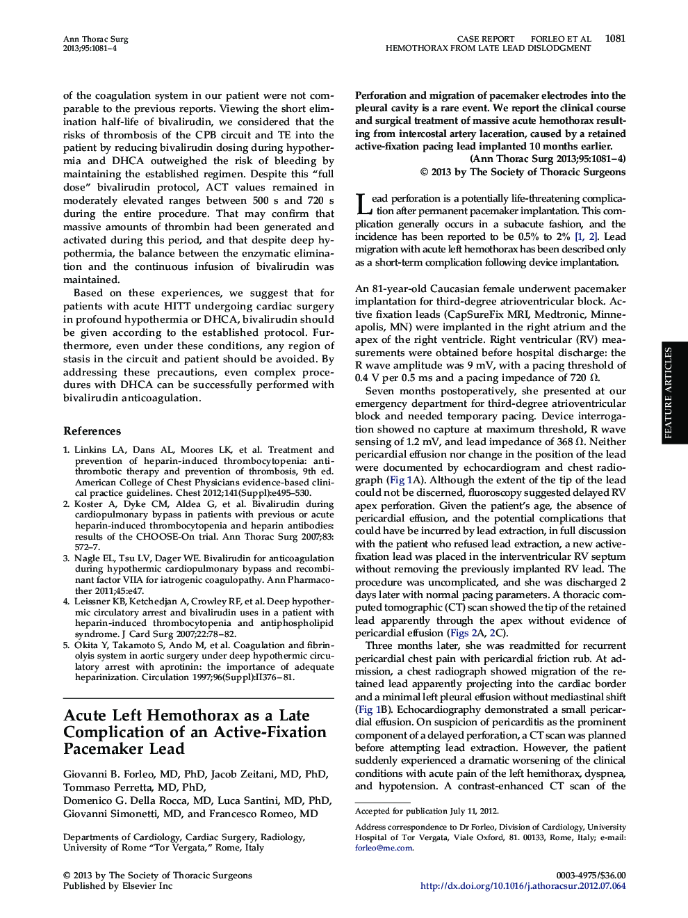 عکس صفحه اول مقاله: Acute Left Hemothorax as a Late Complication of an Active-Fixation Pacemaker Lead Acute Left Hemothorax as a Late Complication of an Active-Fixation Pacemaker Lead