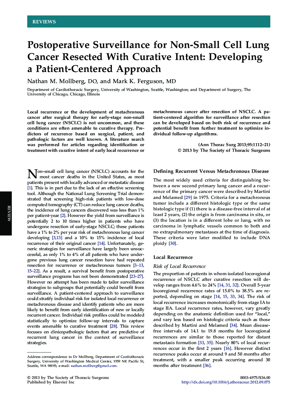 Postoperative Surveillance for Non-Small Cell Lung Cancer Resected With Curative Intent: Developing a Patient-Centered Approach