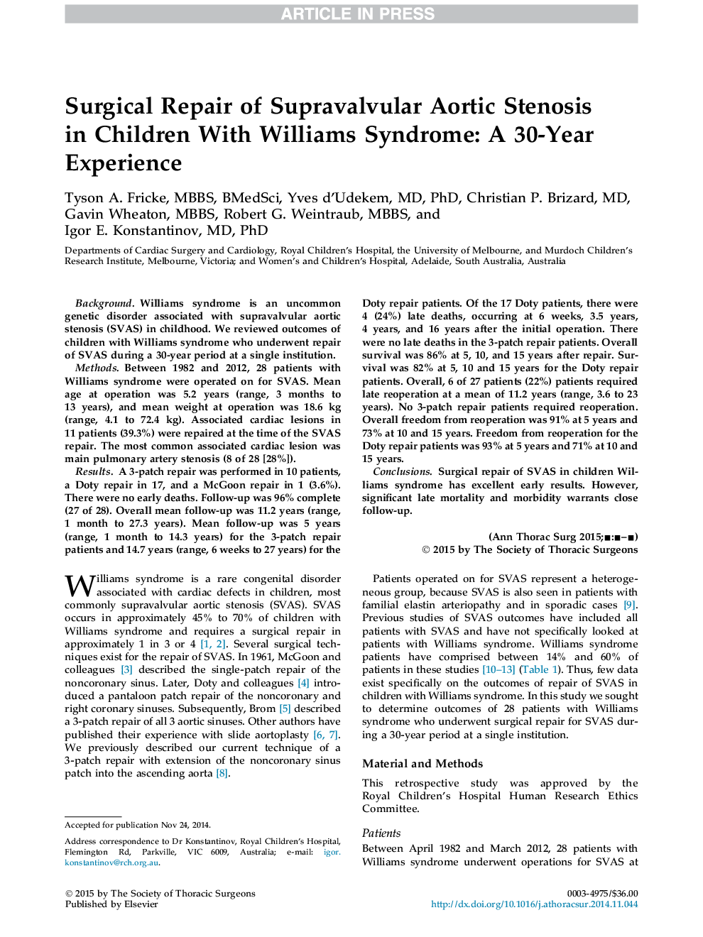 Surgical Repair of Supravalvular Aortic Stenosis in Children With Williams Syndrome: A 30-Year Experience