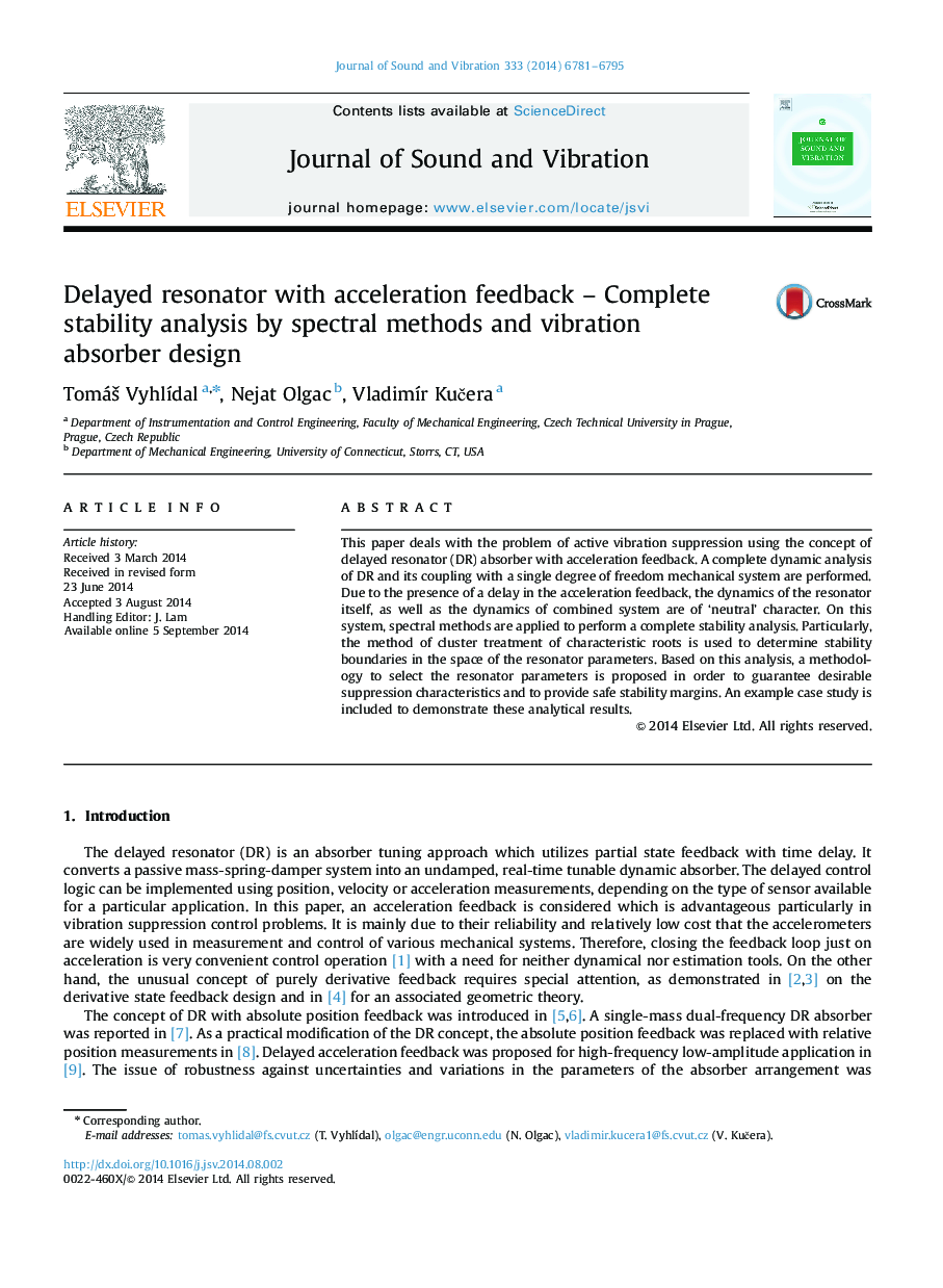 Delayed resonator with acceleration feedback – Complete stability analysis by spectral methods and vibration absorber design