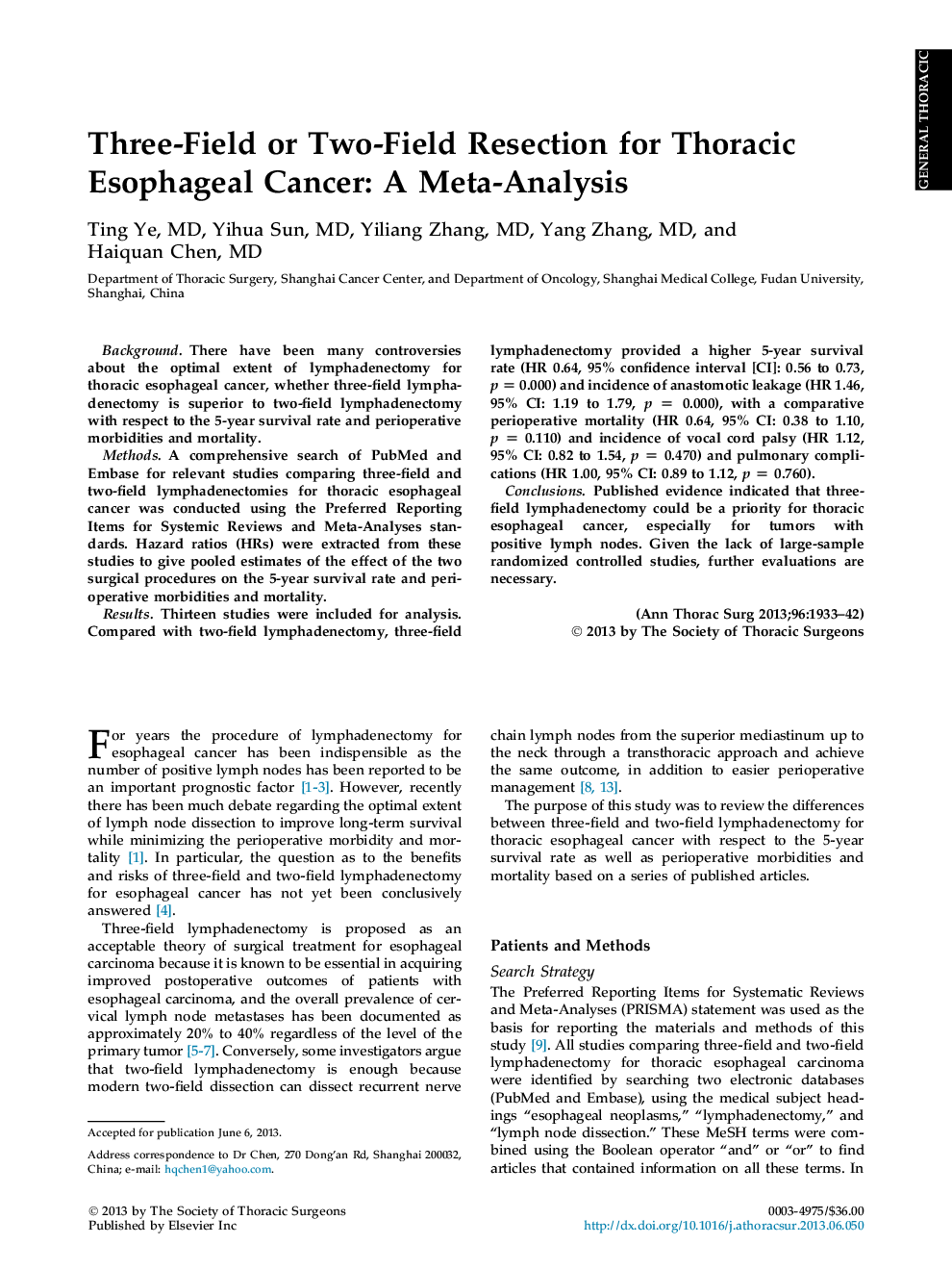 Three-Field or Two-Field Resection for Thoracic Esophageal Cancer: A Meta-Analysis
