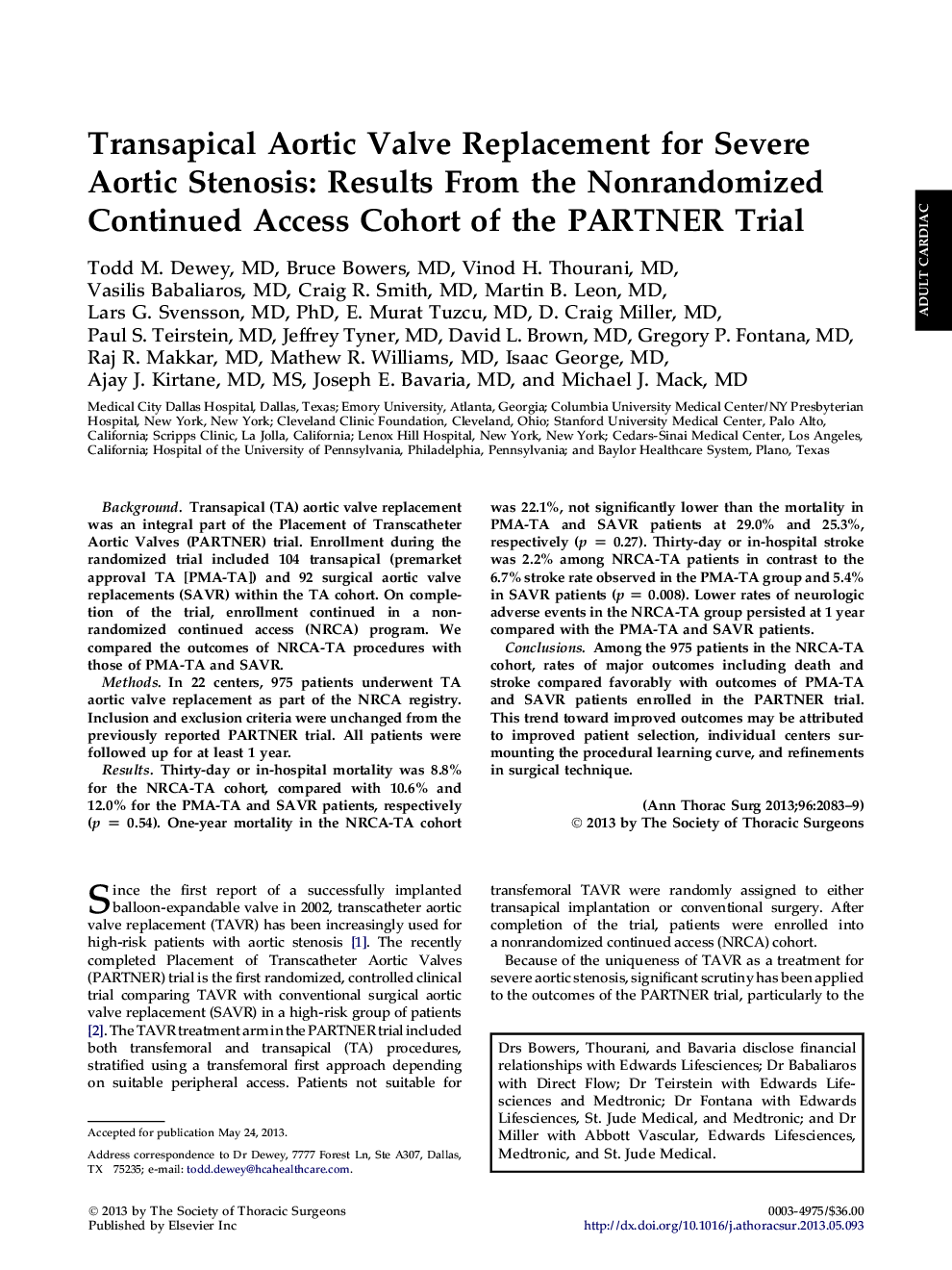 Transapical Aortic Valve Replacement for Severe Aortic Stenosis: Results From the Nonrandomized Continued Access Cohort of the PARTNER Trial