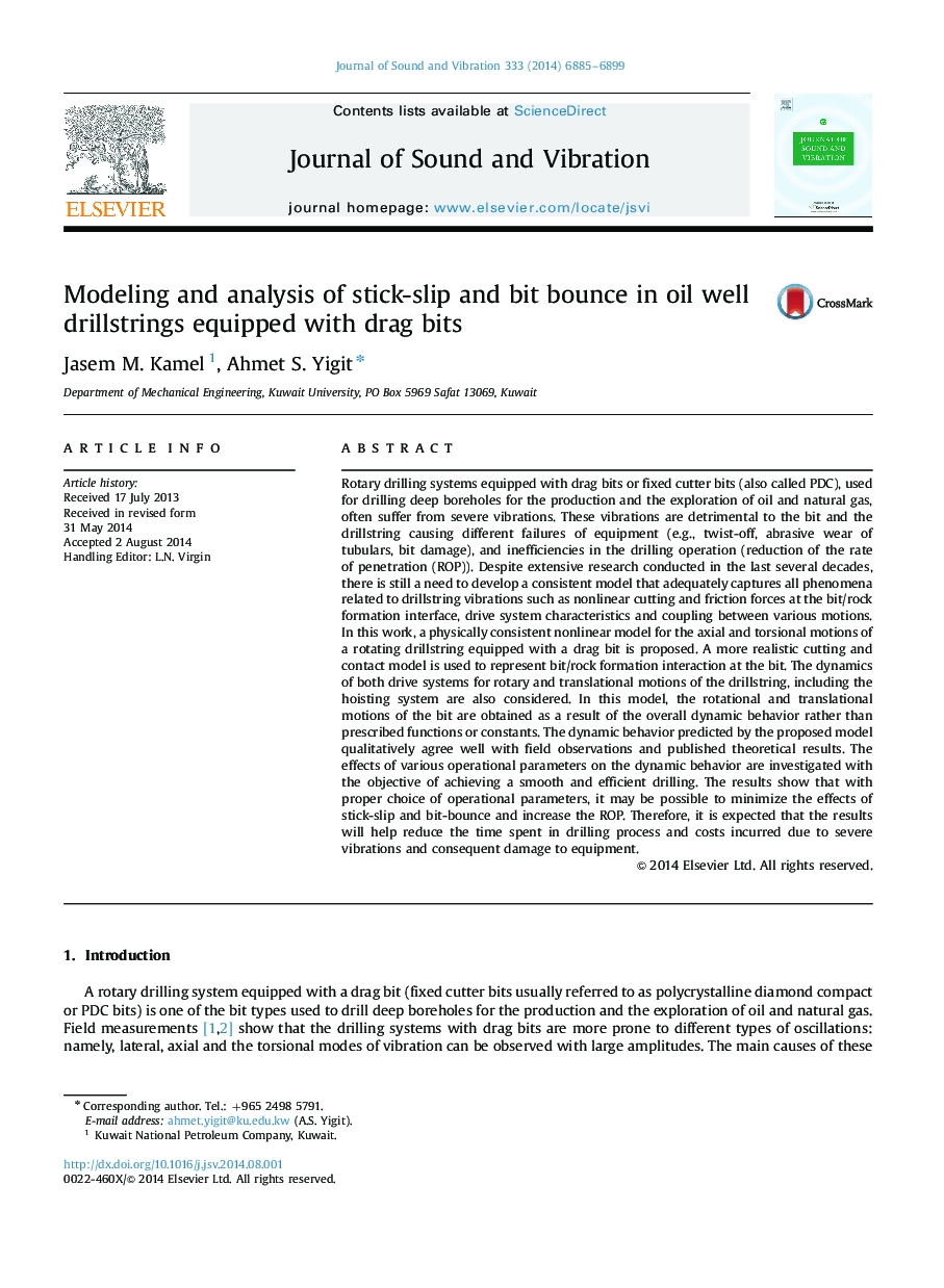 Modeling and analysis of stick-slip and bit bounce in oil well drillstrings equipped with drag bits