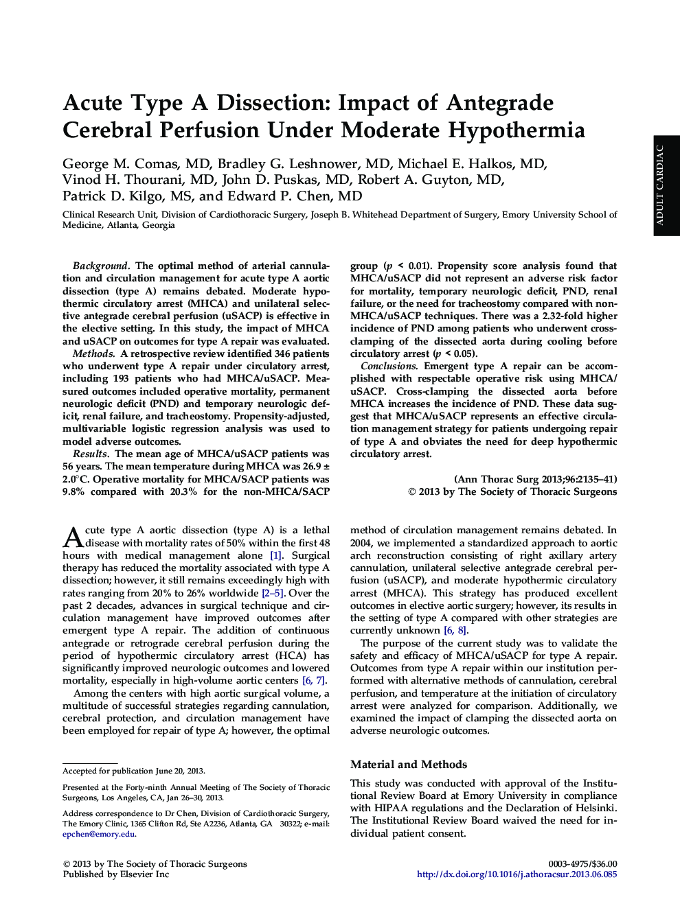 Acute Type A Dissection: Impact of Antegrade Cerebral Perfusion Under Moderate Hypothermia