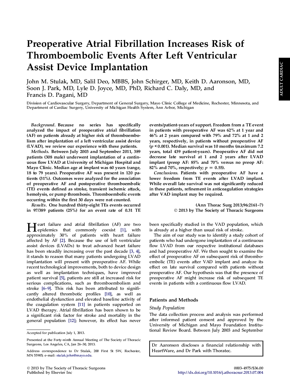 Preoperative Atrial Fibrillation Increases Risk of Thromboembolic Events After Left Ventricular Assist Device Implantation