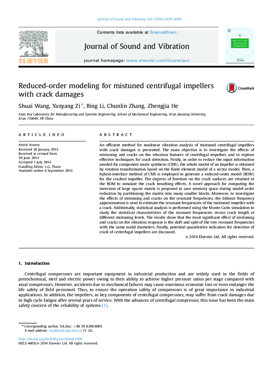Reduced-order modeling for mistuned centrifugal impellers with crack damages