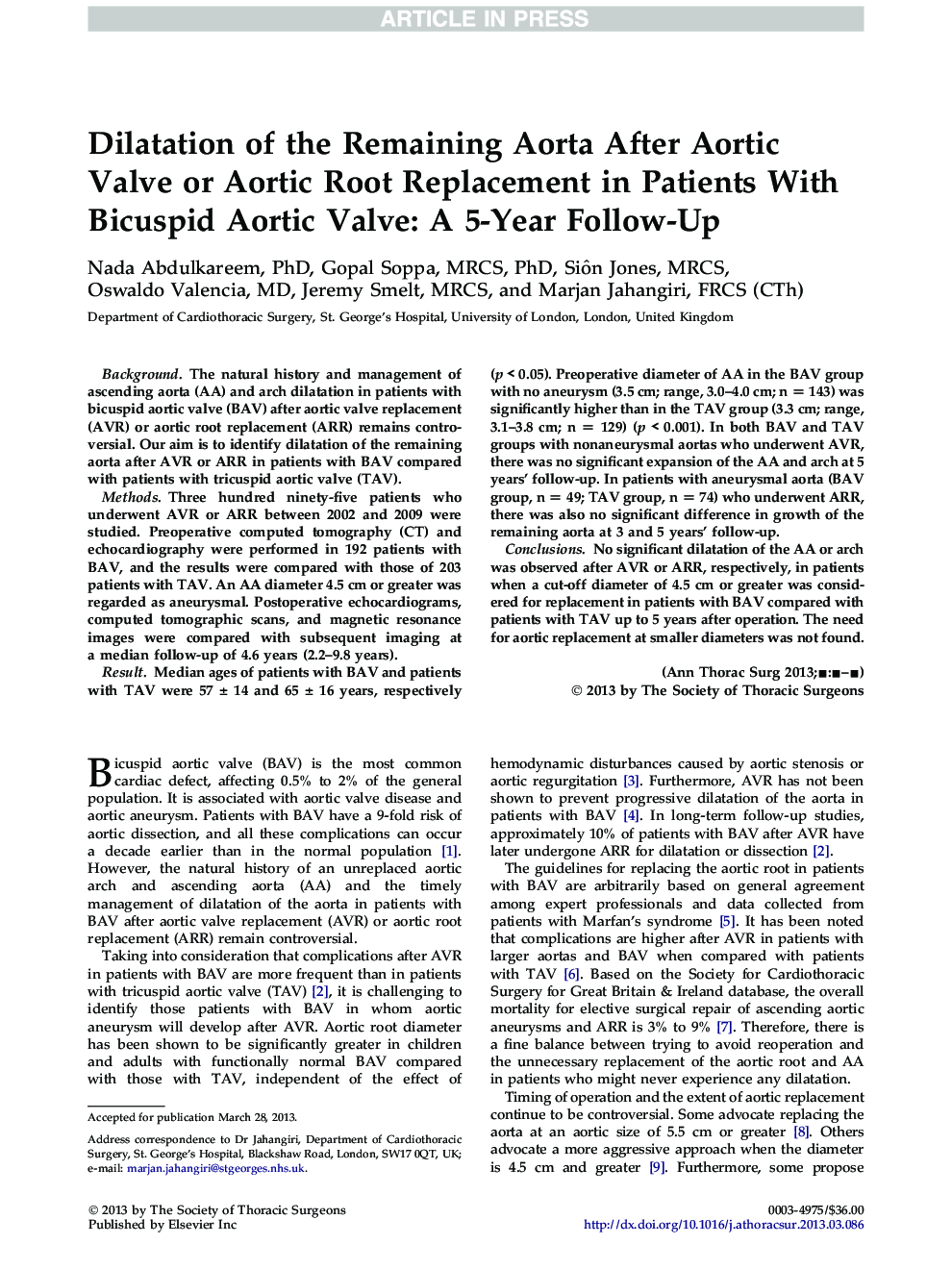 عکس صفحه اول مقاله: Dilatation of the Remaining Aorta After Aortic Valve or Aortic Root Replacement in Patients With Bicuspid Aortic Valve: A 5-Year Follow-Up Dilatation of the Remaining Aorta After Aortic Valve or Aortic Root Replacement in Patients With Bicuspid Aortic Valve: A 5-Year Follow-Up