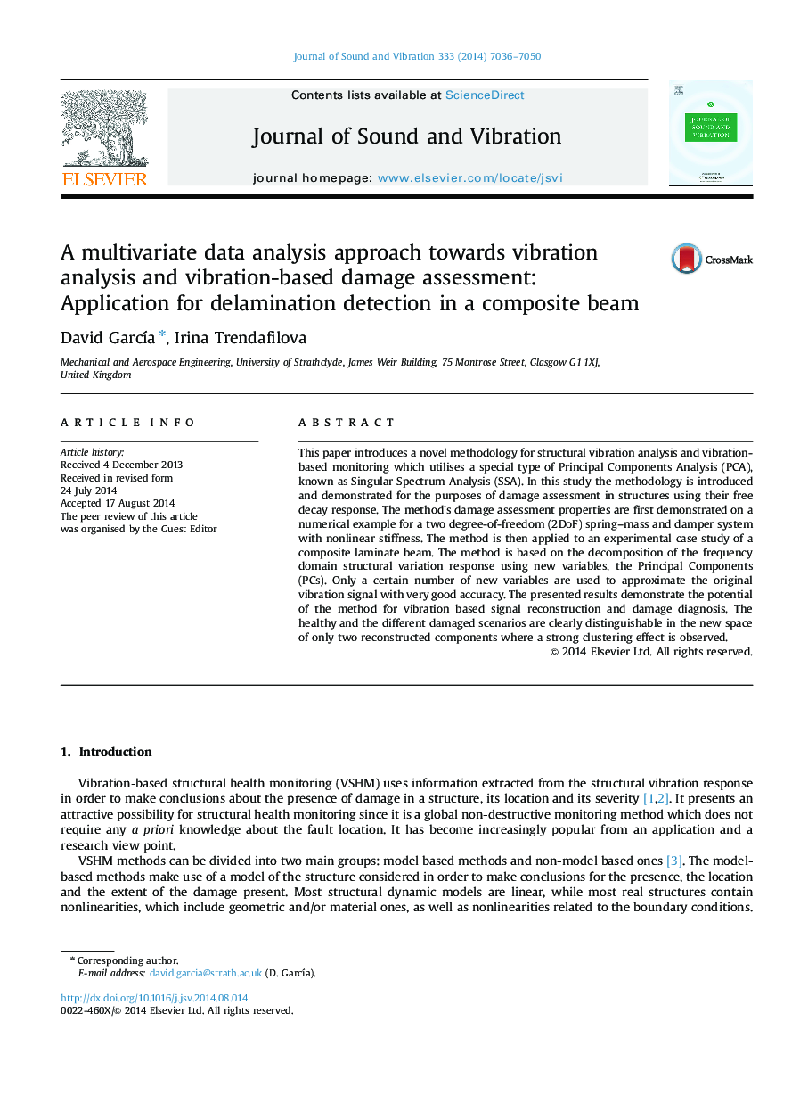 A multivariate data analysis approach towards vibration analysis and vibration-based damage assessment:: Application for delamination detection in a composite beam