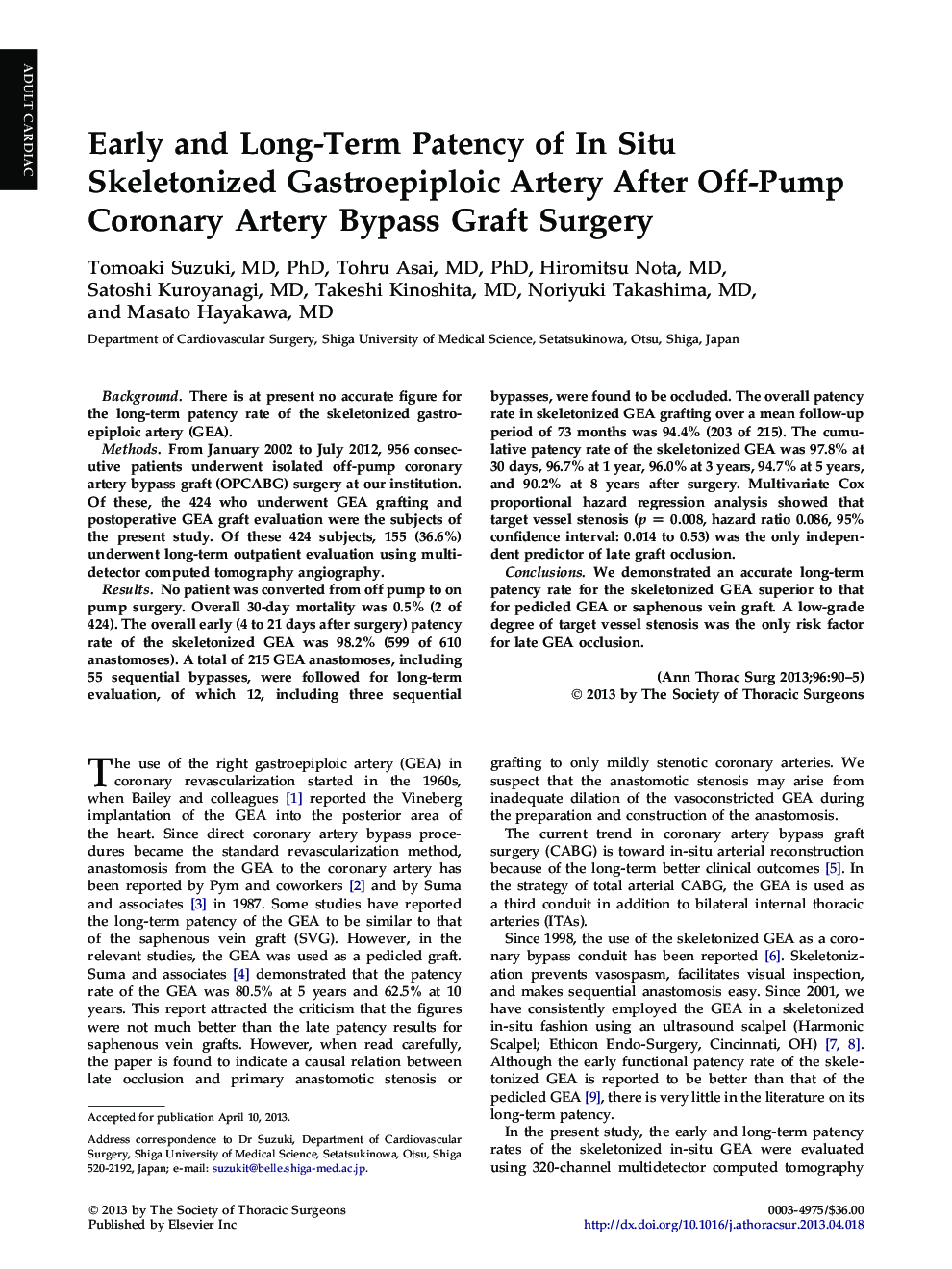 Early and Long-Term Patency of In Situ Skeletonized Gastroepiploic Artery After Off-Pump Coronary Artery Bypass Graft Surgery