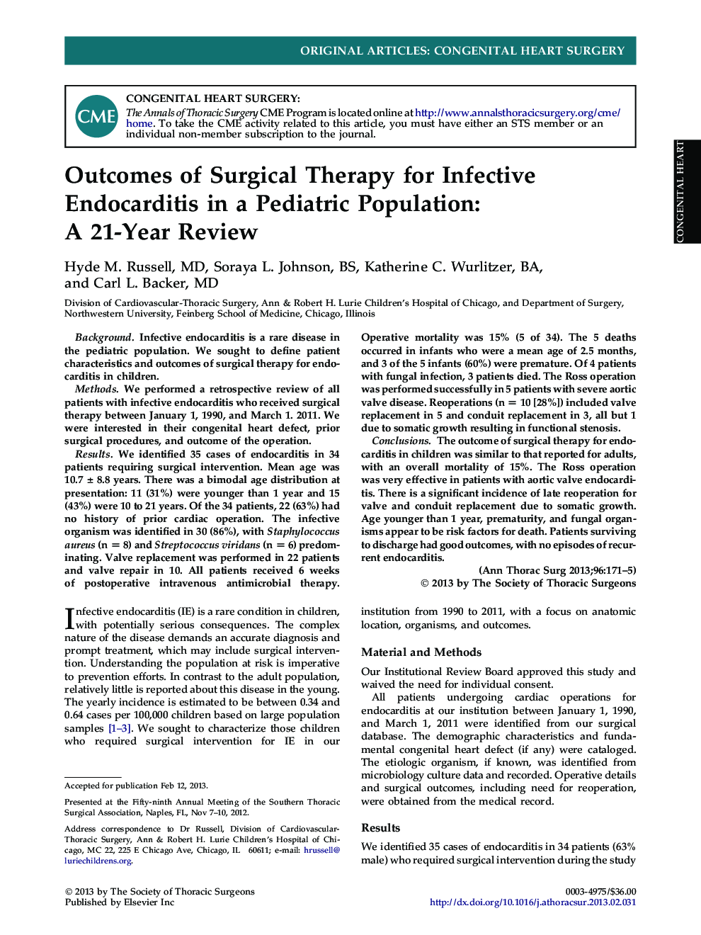 Outcomes of Surgical Therapy for Infective Endocarditis in a Pediatric Population: A 21-Year Review
