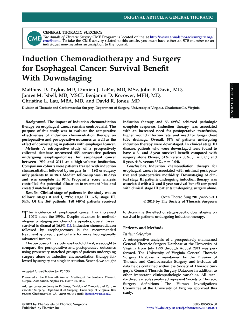 Induction Chemoradiotherapy and Surgery forÂ Esophageal Cancer: Survival Benefit WithÂ Downstaging