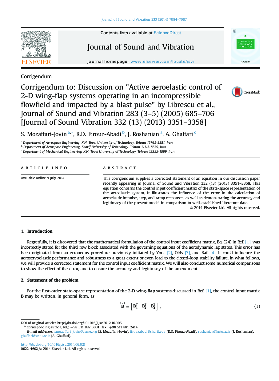 Corrigendum to: Discussion on "Active aeroelastic control of 2-D wing-flap systems operating in an incompressible flowfield and impacted by a blast pulse" by Librescu et al., Journal of Sound and Vibration 283 (3–5) (2005) 685–706 [Journal of Sound Vibrat