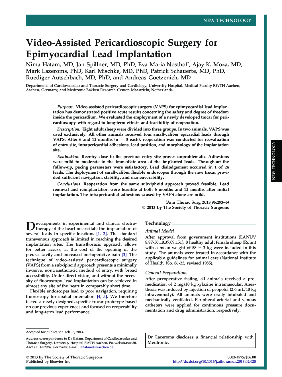 عکس صفحه اول مقاله: Video-Assisted Pericardioscopic Surgery for Epimyocardial Lead Implantation Video-Assisted Pericardioscopic Surgery for Epimyocardial Lead Implantation