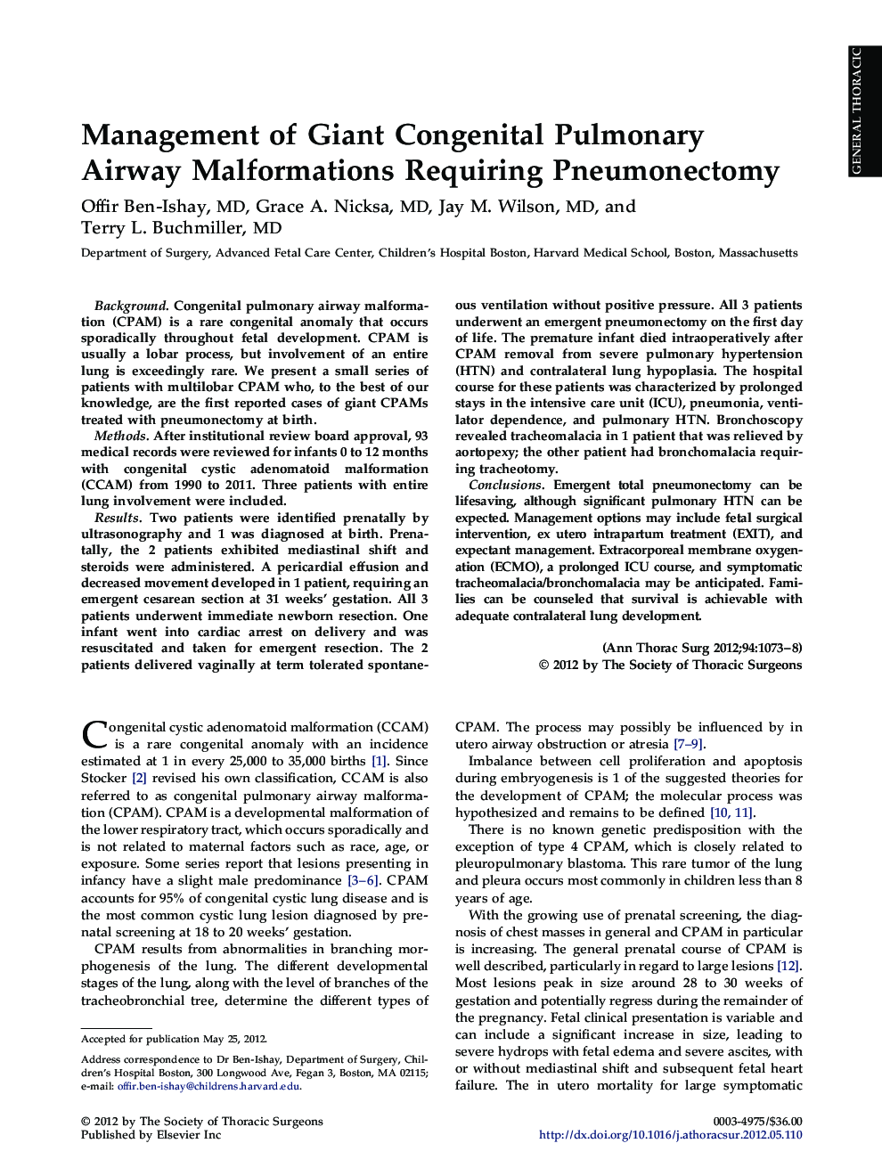 Management of Giant Congenital Pulmonary Airway Malformations Requiring Pneumonectomy