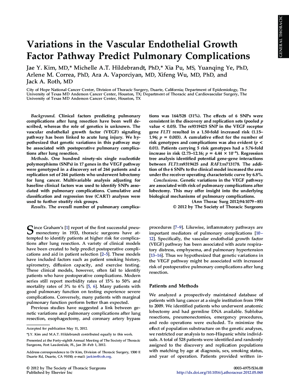 Variations in the Vascular Endothelial Growth Factor Pathway Predict Pulmonary Complications