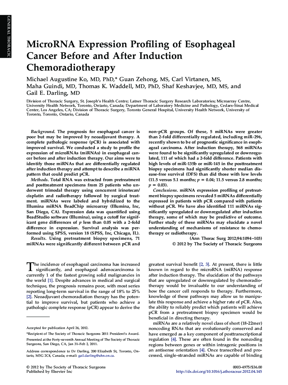 MicroRNA Expression Profiling of Esophageal Cancer Before and After Induction Chemoradiotherapy