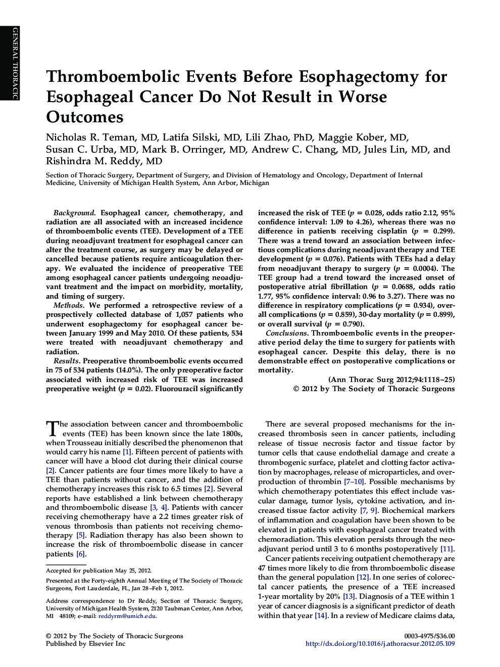 Thromboembolic Events Before Esophagectomy for Esophageal Cancer Do Not Result in Worse Outcomes