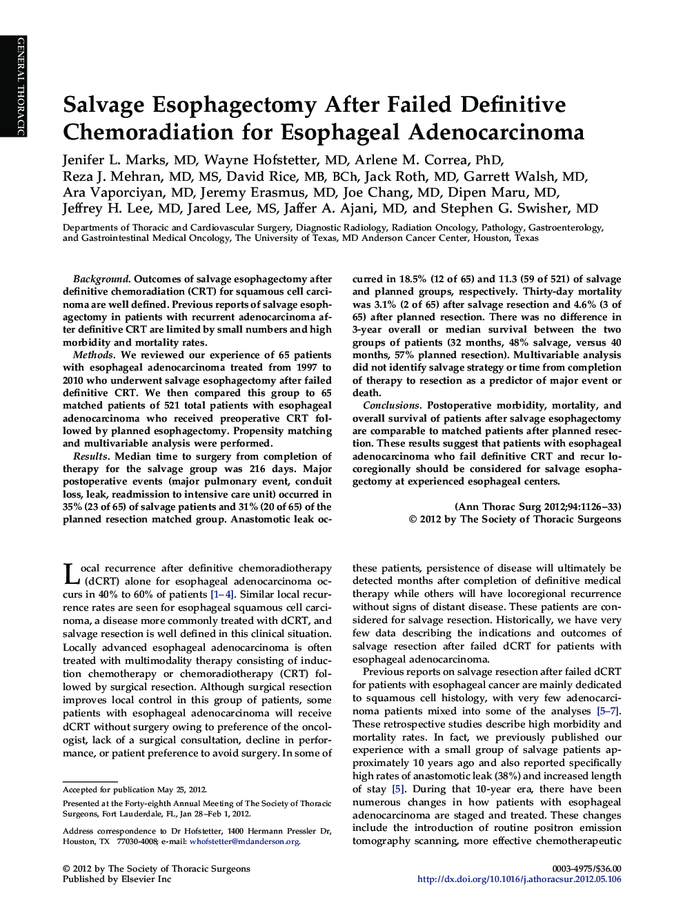 Salvage Esophagectomy After Failed Definitive Chemoradiation for Esophageal Adenocarcinoma