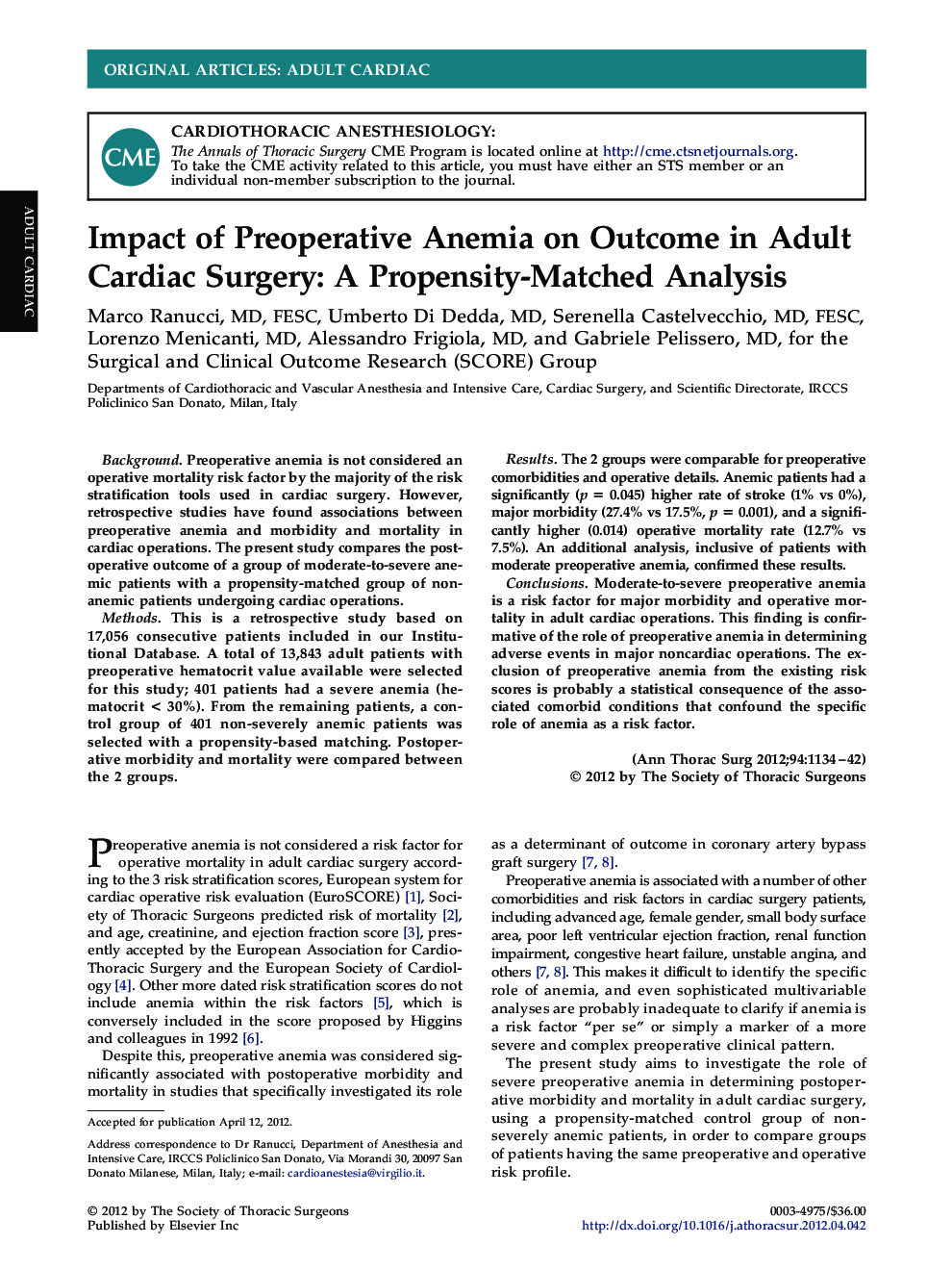 Impact of Preoperative Anemia on Outcome in Adult Cardiac Surgery: A Propensity-Matched Analysis