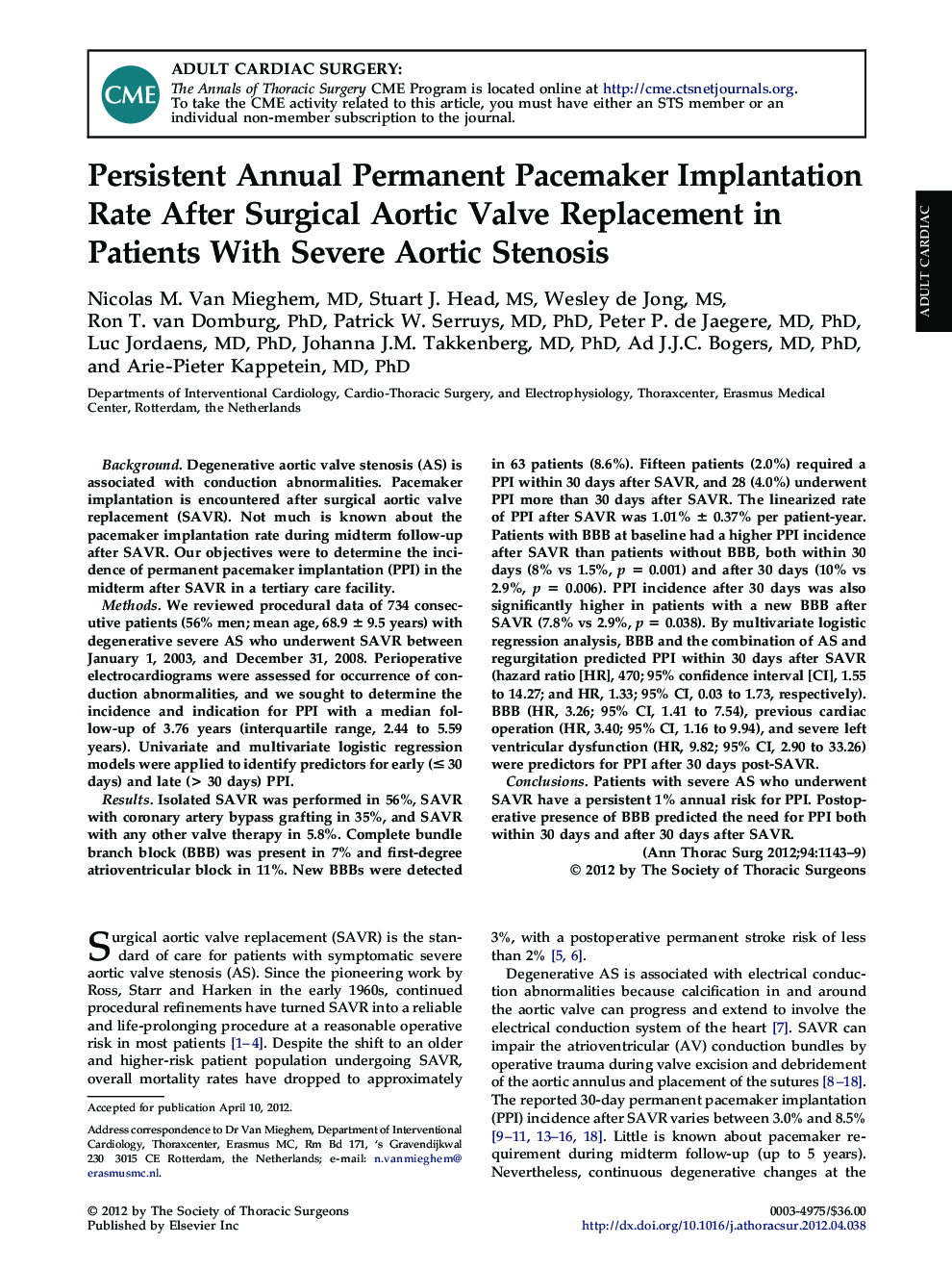 Persistent Annual Permanent Pacemaker Implantation Rate After Surgical Aortic Valve Replacement in Patients With Severe Aortic Stenosis