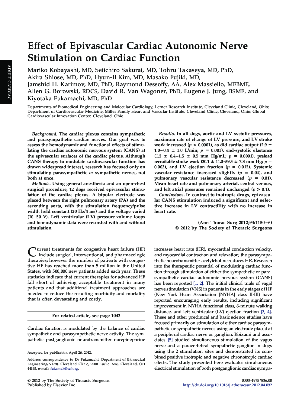 Effect of Epivascular Cardiac Autonomic Nerve Stimulation on Cardiac Function
