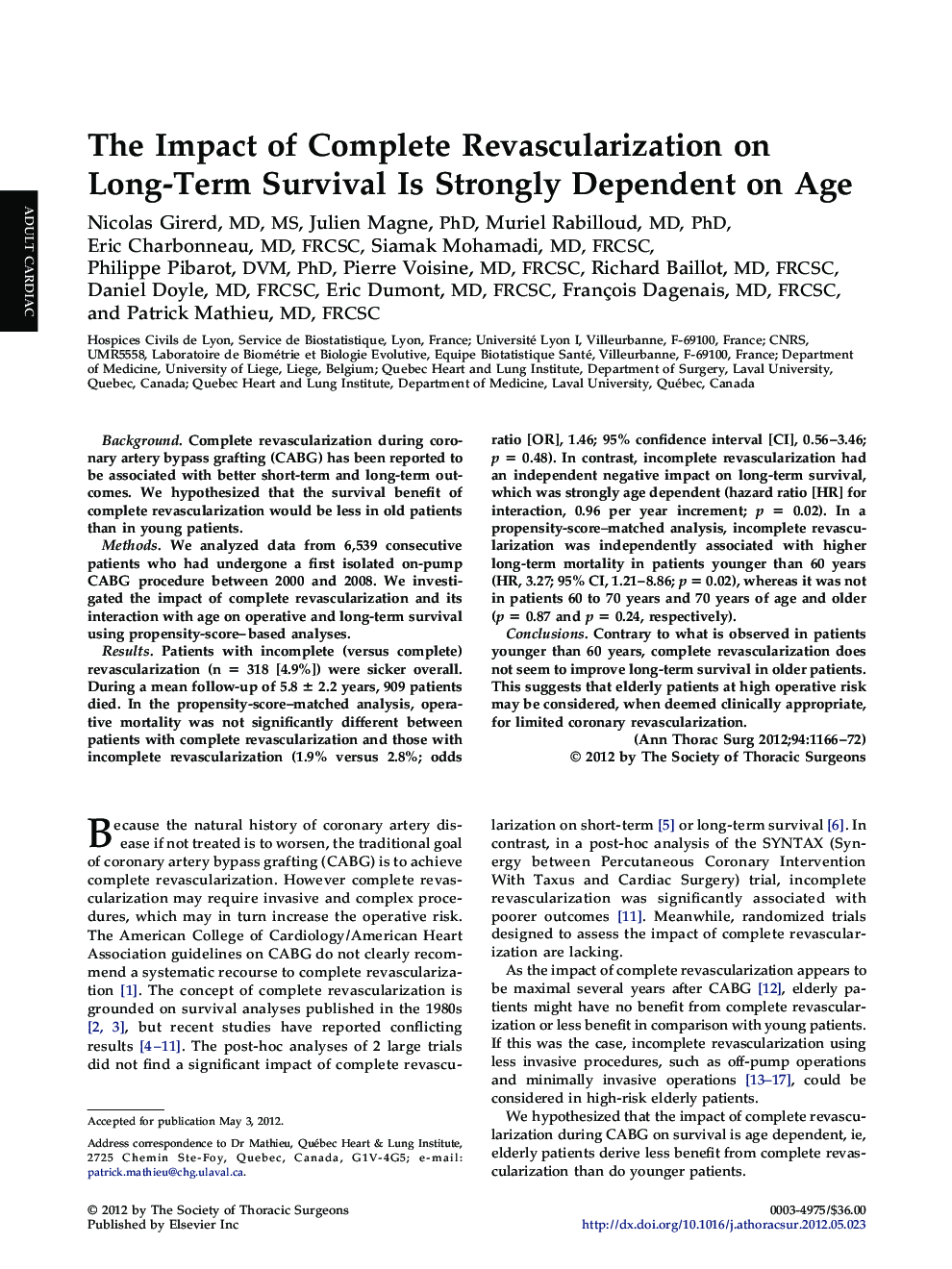The Impact of Complete Revascularization on Long-Term Survival Is Strongly Dependent on Age