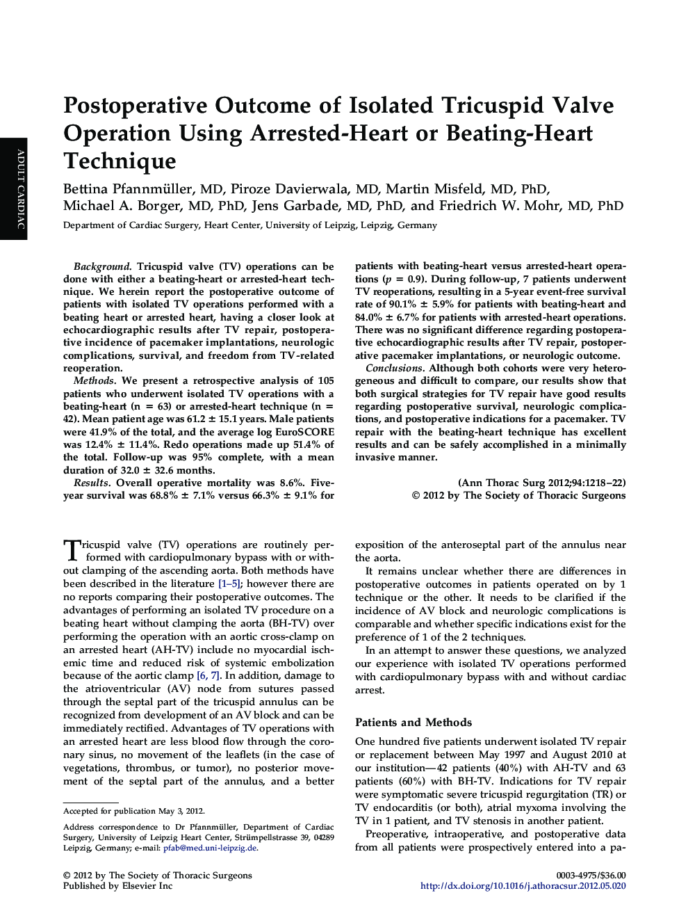 Postoperative Outcome of Isolated Tricuspid Valve Operation Using Arrested-Heart or Beating-Heart Technique