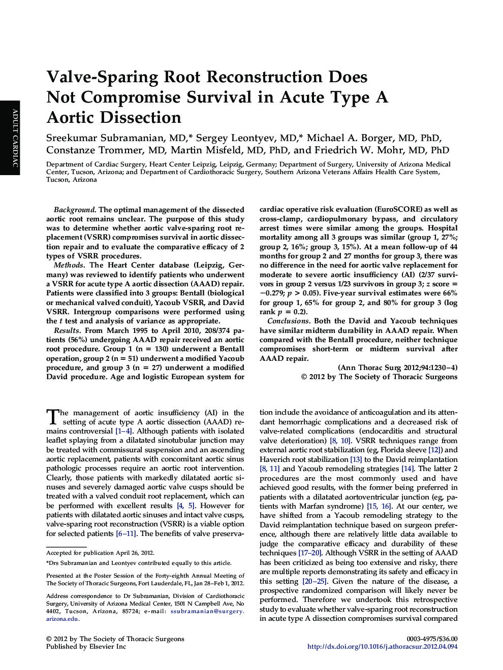 Valve-Sparing Root Reconstruction Does Not Compromise Survival in Acute Type A Aortic Dissection