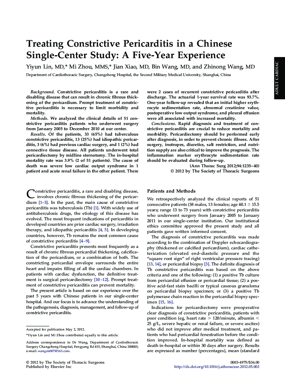 Treating Constrictive Pericarditis in a Chinese Single-Center Study: A Five-Year Experience