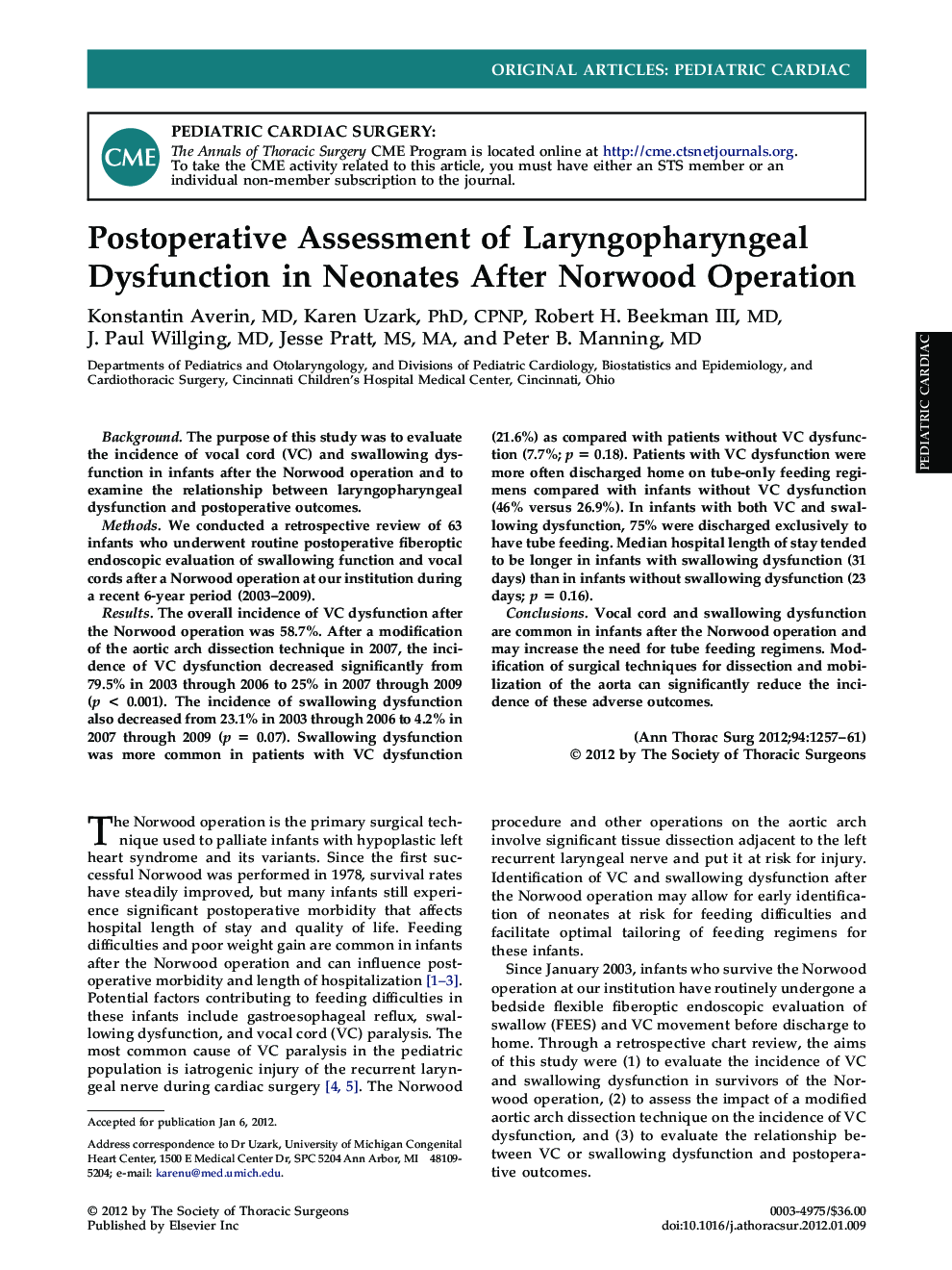 Postoperative Assessment of Laryngopharyngeal Dysfunction in Neonates After Norwood Operation