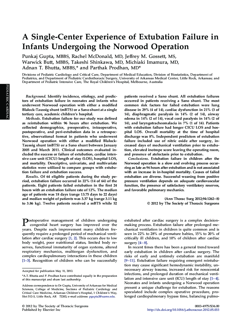 A Single-Center Experience of Extubation Failure in Infants Undergoing the Norwood Operation