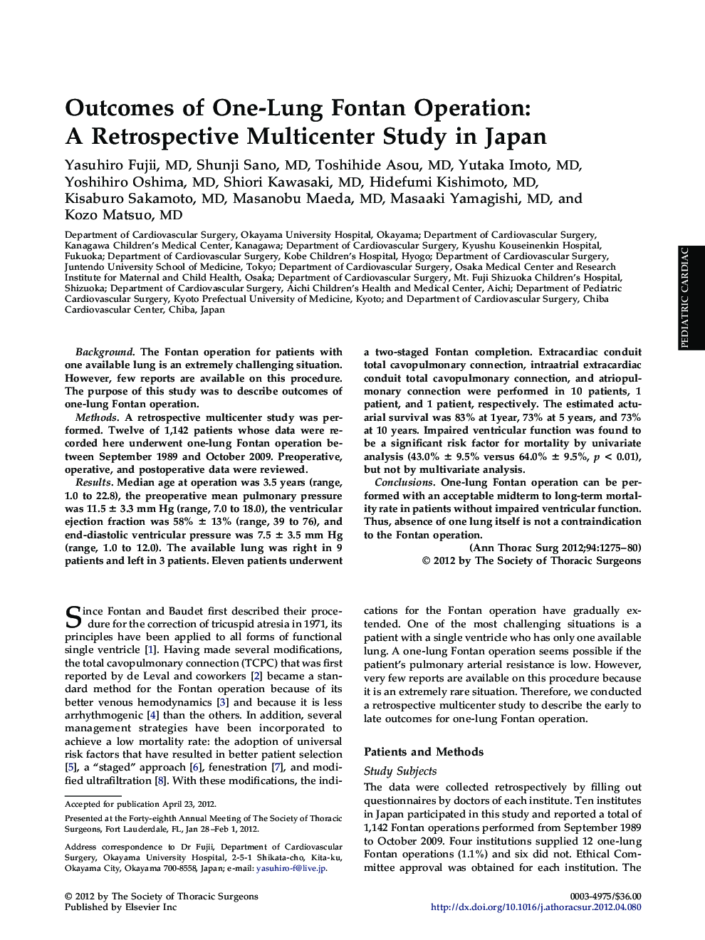 Outcomes of One-Lung Fontan Operation: A Retrospective Multicenter Study in Japan
