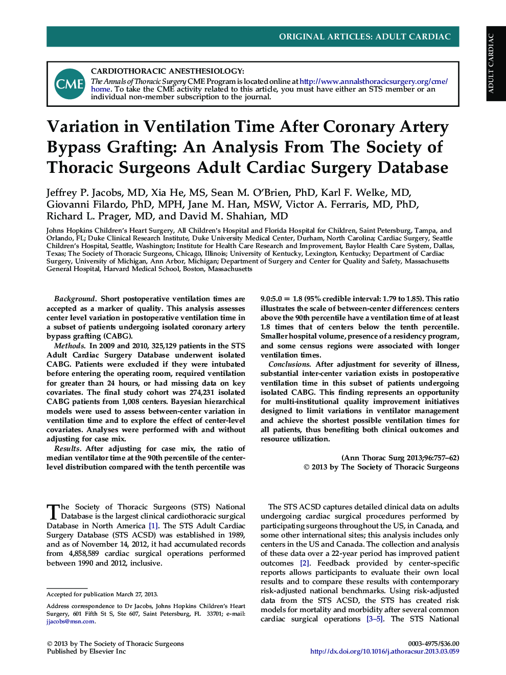 Variation in Ventilation Time After Coronary Artery Bypass Grafting: An Analysis From The Society of Thoracic Surgeons Adult Cardiac Surgery Database