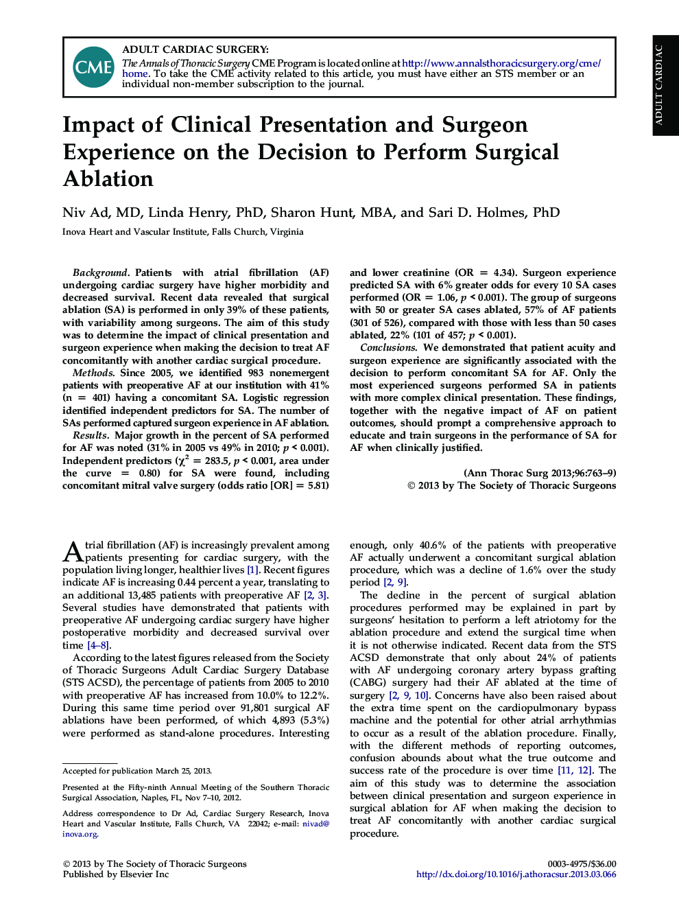 Impact of Clinical Presentation and Surgeon Experience on the Decision to Perform Surgical Ablation