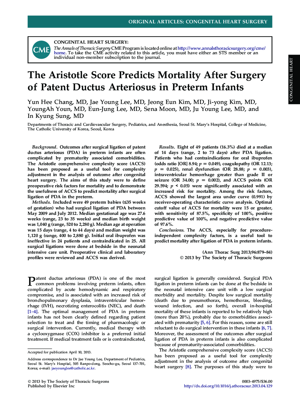 The Aristotle Score Predicts Mortality After Surgery of Patent Ductus Arteriosus in Preterm Infants