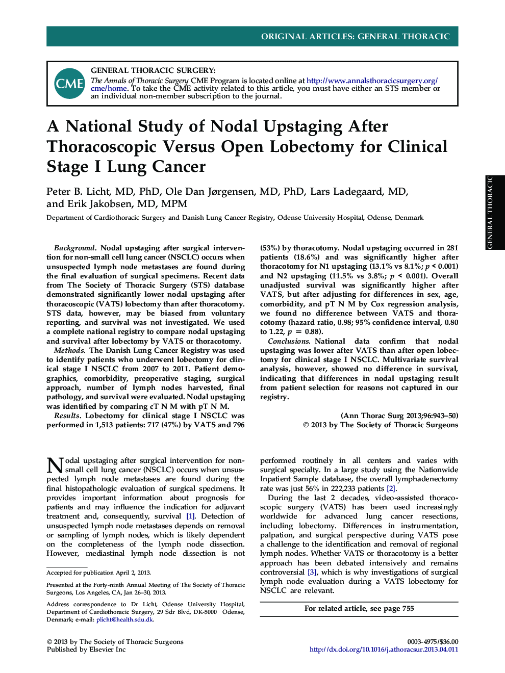 A National Study of Nodal Upstaging After Thoracoscopic Versus Open Lobectomy for Clinical Stage I Lung Cancer