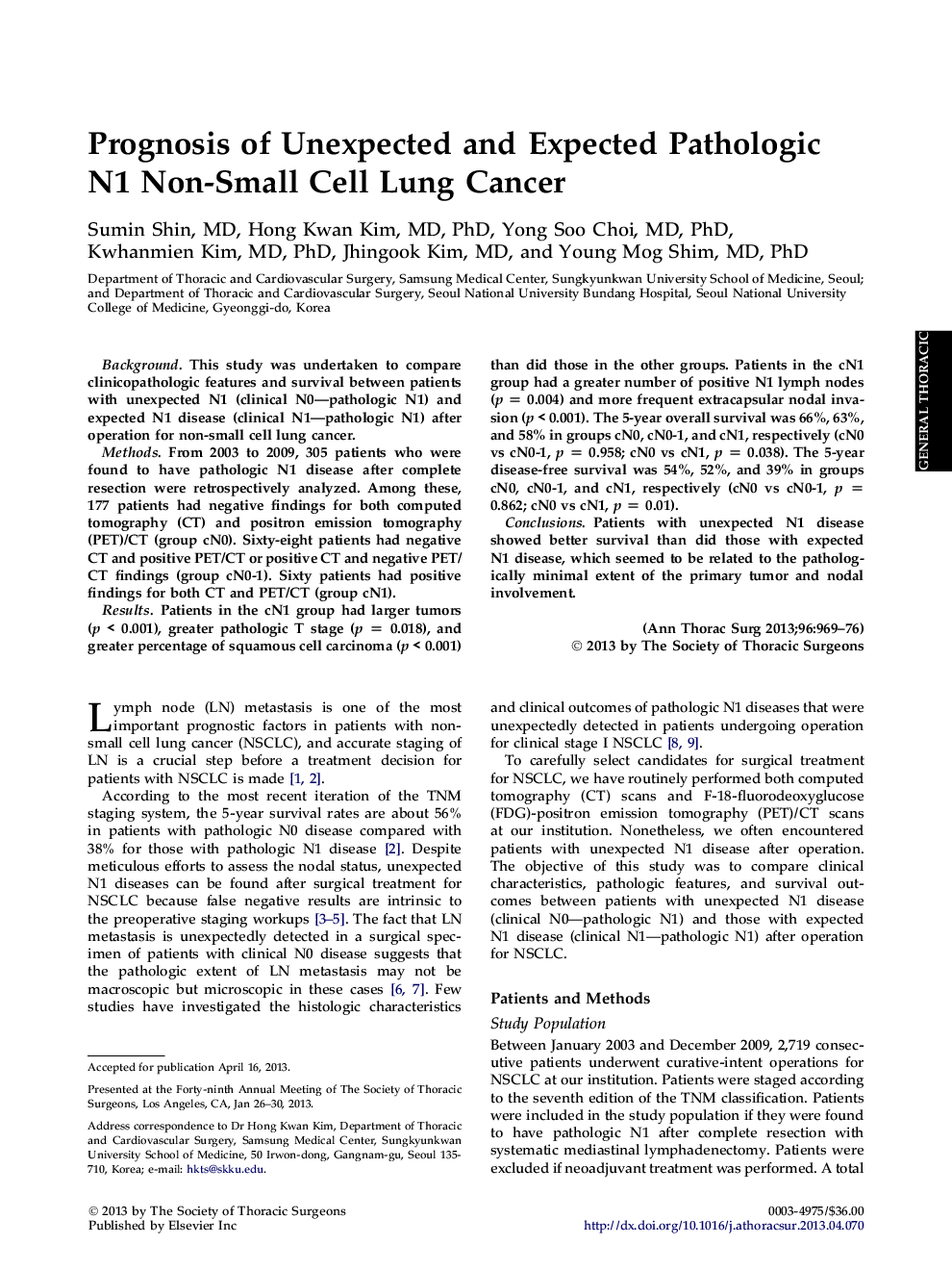 Prognosis of Unexpected and Expected Pathologic N1 Non-Small Cell Lung Cancer