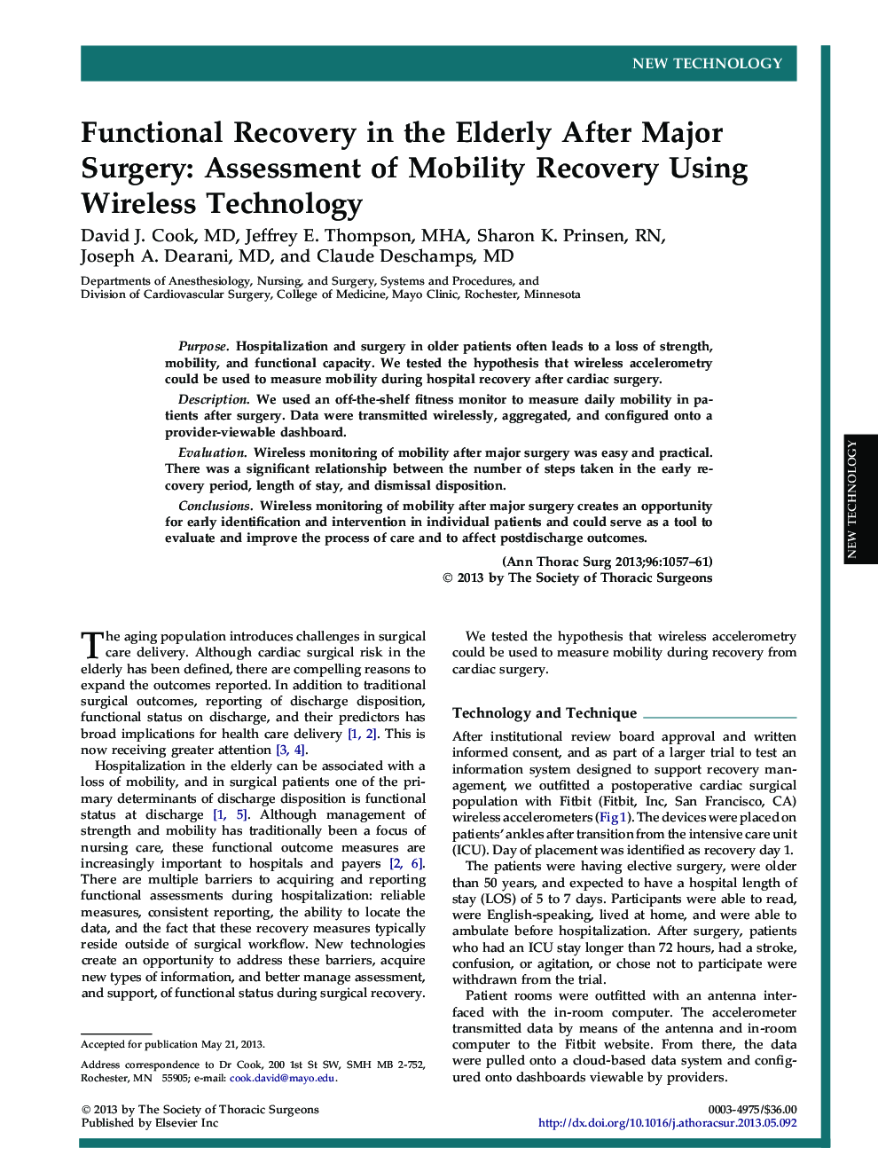 Functional Recovery in the Elderly After Major Surgery: Assessment of Mobility Recovery Using Wireless Technology
