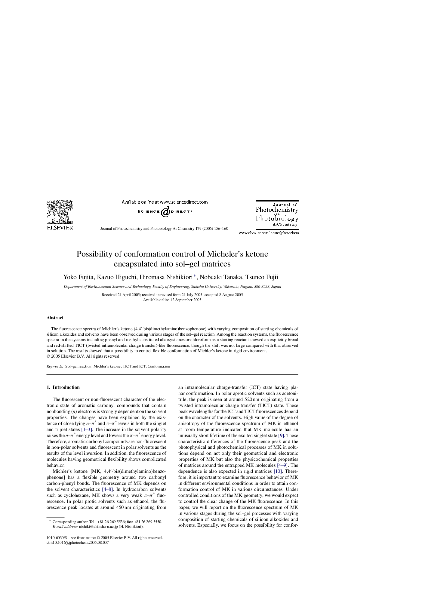 Possibility of conformation control of Micheler's ketone encapsulated into sol–gel matrices